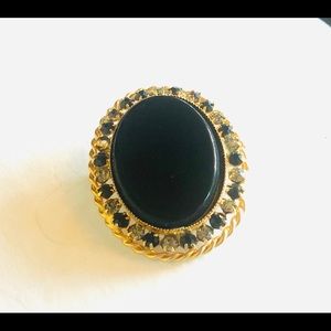 Vintage Black Glass Clear Rhinestone Oval Brooch